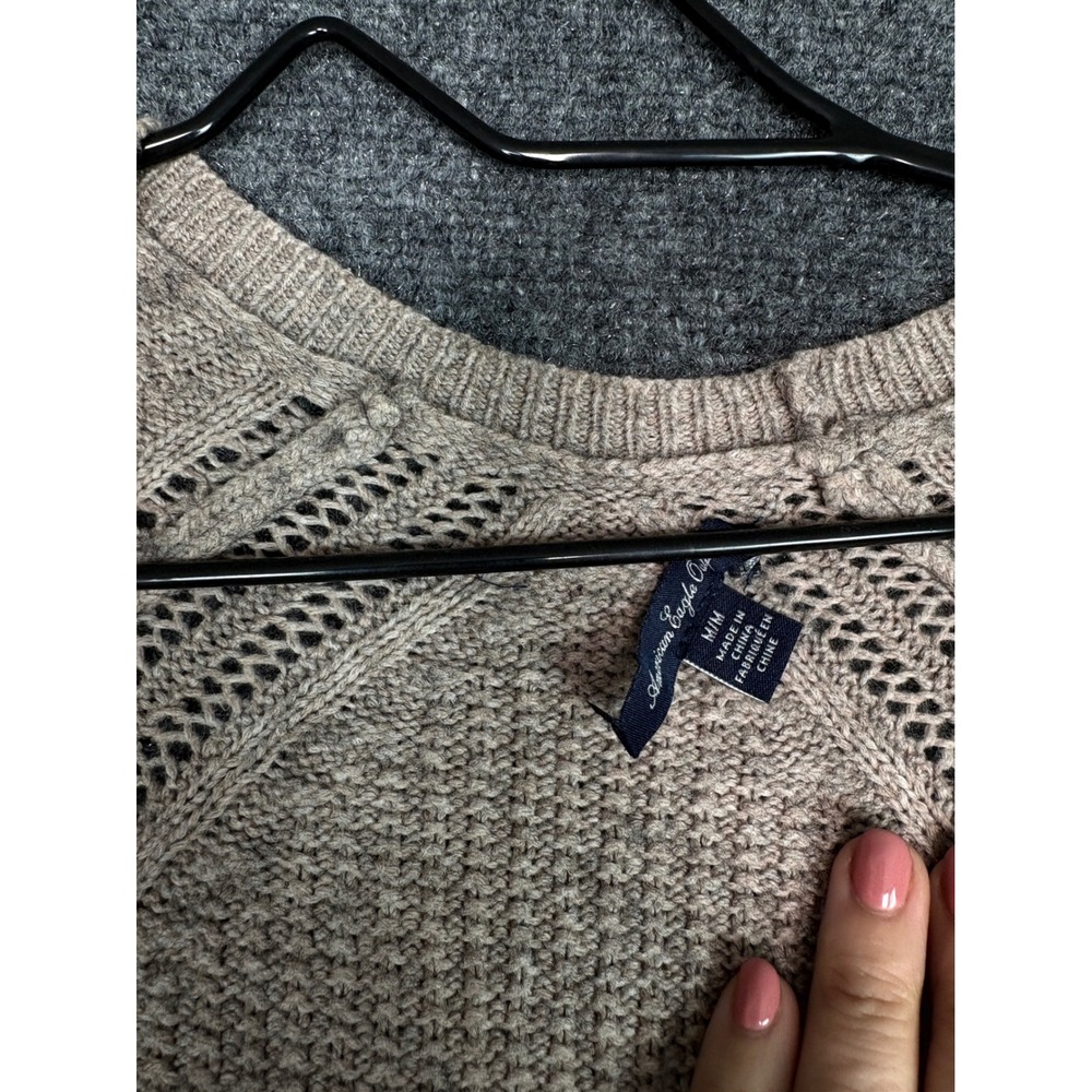 American Eagle Cardigan Sweater Womens M Tan Marl V-Neck Cable Pointelle Knit - Picture 5 of 11